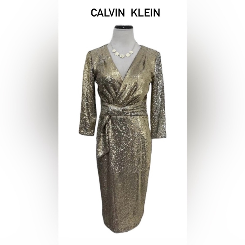 Calvin Klein Women's V-Neck Faux Wrap Sequin Mesh
Dress, Size 4